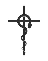 Nehushtan symbol. Snake or serpent around cross. Christianity and judaism sign. Vector illustration image.
