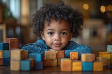 Fototapeta premium lifestyle photo of a playful young african american toddler surrounded by colorful wooden block toys capturing the joy and curiosity of childhood in a cozy play area