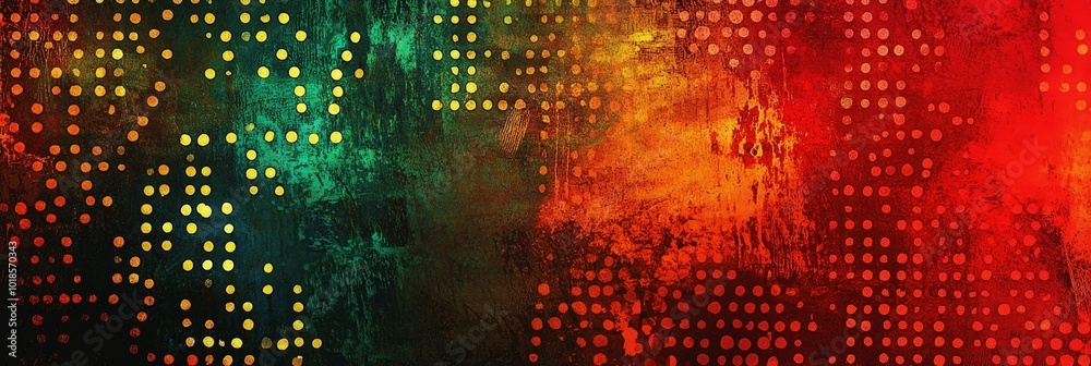 Fototapete Bright dots in varying sizes are arranged on a rich green, yellow, and red backdrop, creating an energetic and abstract composition that captures attention