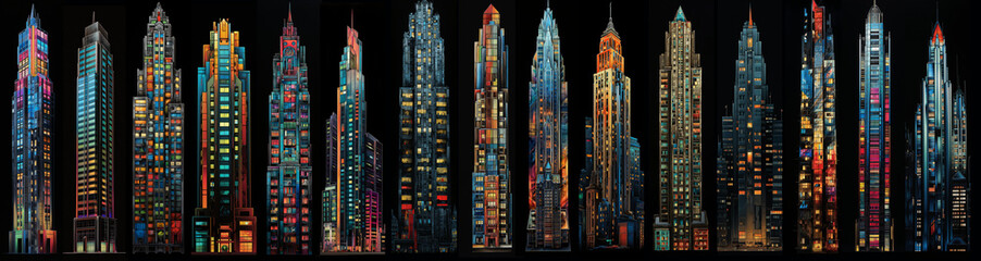 Obraz premium A vibrant, ultra-wide collage of tall skyscrapers in a playful cartoon style pops against a stark black background
