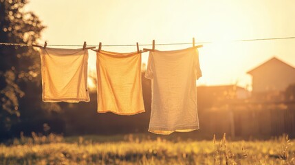 An oldfashioned laundry line with clean clothes drying in the sun, vintage laundry scene, nostalgia and simplicity