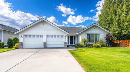 Fototapeta premium A white, single-story rambler home with a three-car garage, large driveway, and lush backyard landscaping is shown on a summer day with blue skies.