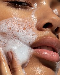 Obraz premium A close-up shot of a woman gently cleansing her face with foaming bubbles, highlighting her smooth skin, lips, and glowing complexion.