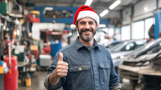 Car mechanic wearing a Santa Claus hat stands in a car repair shop with a tablet in his hands and shows a thumbs up.