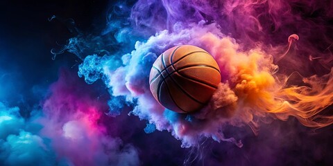 A basketball suspended in a vibrant cloud of colored smoke, evoking an abstract and energetic representation of the sport.