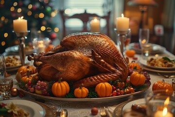 Ultra-detailed wide shot of a Thanksgiving table with a focus on the grilled turkey, surrounded by elegant decorations and gentle lighting creating a festive mood
