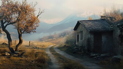 Obraz premium Misty Mountain Landscape with Rustic Stone House