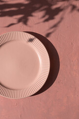 Empty ceramic plate on the mediterranean pink terracotta color plaster background with leaves shadows. Copy space