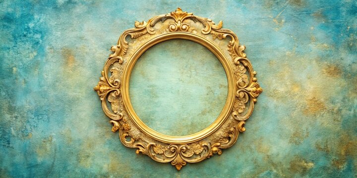 An ornate golden frame against a textured aqua background with subtle gold accents, ready to showcase a cherished memory or a piece of art.