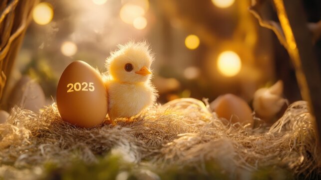 A warm scene of a chick emerging from an egg with "2025" beside it, symbolizing new life and exciting beginnings in a charming festive display.