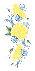 Lemon slices, splashes, leaves and ice cubes. Dynamic liquid water with citrus fruits. Isolated hand drawn watercolor illustration for menu, packaging of goods, advertisement