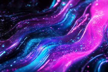 Abstract swirls of neon purple and blue with glittering particles, creating a cosmic and futuristic effect, symbolizing energy, motion, and the mystery of the universe.
