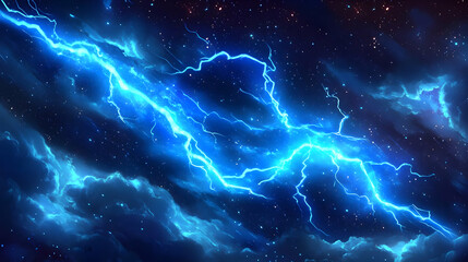 Vivid blue lightning illuminates a night sky filled with clouds and stars in this illustration