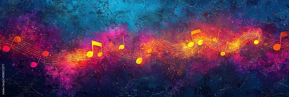 Aufkleber Colorful musical notes float across an abstract background filled with vibrant hues, creating a sense of harmony and creativity in a cosmic atmosphere