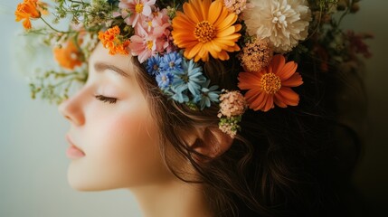 A woman profile with her hair adorned in vibrant flowers, embodying the concepts of mental health, self-care, and mindfulness.