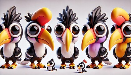Fototapeta premium Cute Cartoon Birds with Big Eyes Family of Toucans with Chicks
