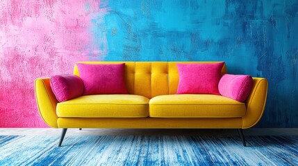 Bright yellow sofa with pink cushions against a vibrant blue and pink wall in a modern living space