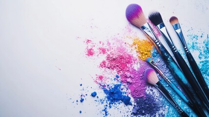 An artistic mess of colorful makeup brushes and scattered powder pigments on a clean white surface, creating an engaging setup for a beauty tutorial.