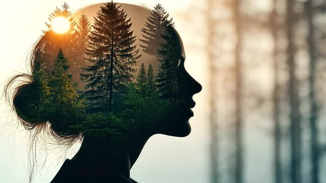 A silhouette of a woman's head with a serene forest overlay, symbolizing the connection between mental well-being and nature through cognitive behavioral therapy