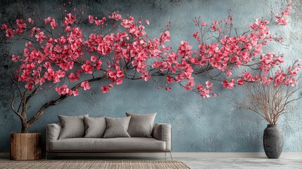 A modern living room with a grey sofa and vibrant pink cherry blossom mural decor in a minimalist design