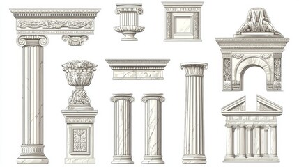 Obraz premium Vector icons depicting ancient Greek and Roman architecture, including line art illustrations of marble pillars, columns, and ornate cornices.