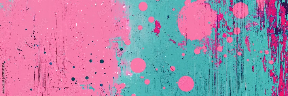 Poster A lively abstract background features bold splashes of pink and teal, with textures revealing layers and patterns, creating a dynamic visual effect