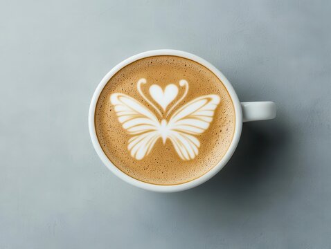 Butterfly wings detailed in latte foam, latte art etching, graceful and precise coffee creation