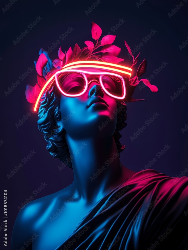 Canvas Prints A classic sculpture of a goddess with a modern twist, adorned with neon lights and sunglasses.  The image evokes themes of art, beauty, technology, and the future.