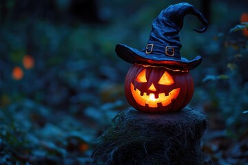 Naklejka premium Illuminated Jack-O'-Lantern with Witch's Hat in Dark Woods