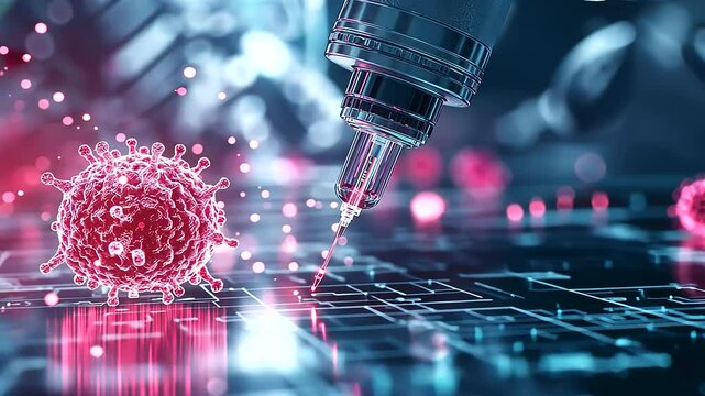 Intricate detail of a microscopic robotic arm administering a life-saving drug directly into a cancer cell, showcasing the future of precision medicine in oncology