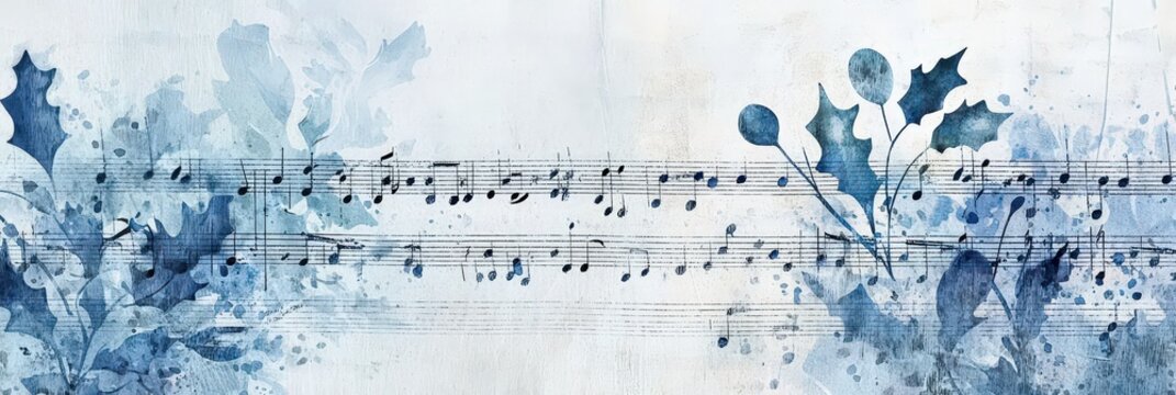 A captivating artwork features flowing music notes intertwined with delicate, blue-toned leaves, evoking a serene winter atmosphere that is perfect for seasonal celebrations