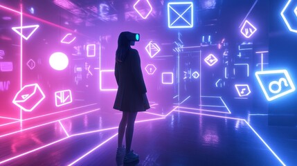 Silhouette of girl in a glowing digital playground