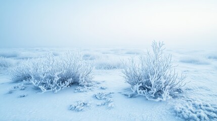 Fototapeta premium Two Frosty Bushes in a Foggy Winter Landscape