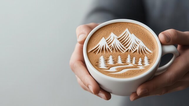 Barista drawing a detailed landscape of mountains and rivers on latte foam, latte art etching, nature scene
