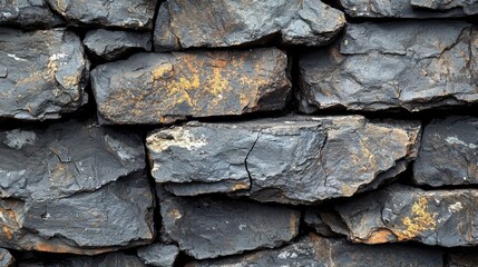 Fototapeta premium Textured stone wall featuring dark slate with hints of gold and grey colors in a rustic setting