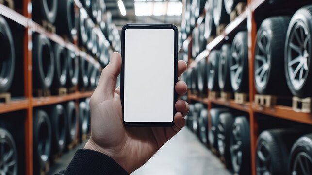 A hand displays a smartphone with a blank screen while standing in a large tire storage area, surrounded by numerous tire stacks neatly arranged on shelves