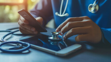 Naklejka premium A doctor is visible on a phone screen, using a stethoscope to check someone's health. This represents the idea of getting medical advice online.