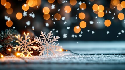 Festive snowflakes with twinkling lights and winter ambiance, creating a cozy holiday atmosphere.