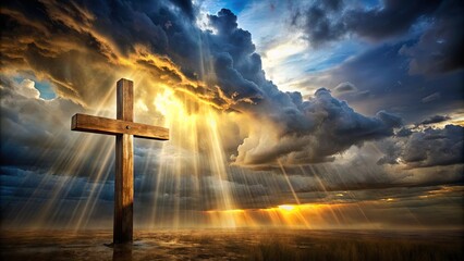 A Wooden Cross Stands Tall Against A Dramatic Sunset Sky, Bathed In Golden Rays Of Light