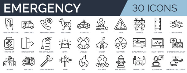 Set of 30 outline icons related to emergency. Linear icon collection. Editable stroke. Vector illustration
