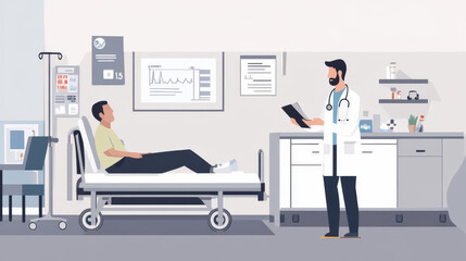 A doctor shares good news with a patient in a hospital. They discuss the patient's health results, advice, and medical report.