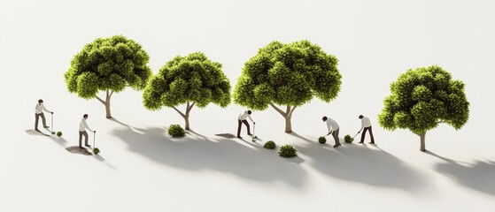 Fototapeta premium A miniature scene depicting people planting and nurturing trees, emphasizing environmental care and growth.