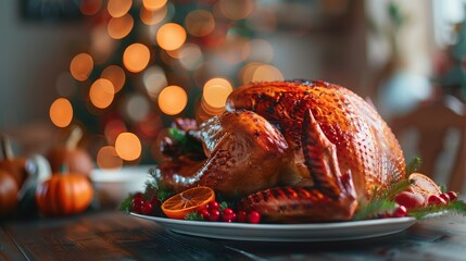Grilled turkey served Thanksgiving wide shot ultrahigh quality hyperrealistic image turkey center decorated dining table soft ambient lighting focus turkey with visible Thanksgiving decorations backgr
