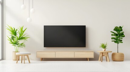 A minimalist living room with a large TV, light wood furniture, and neutral decor, creating a serene and functional entertainment area.