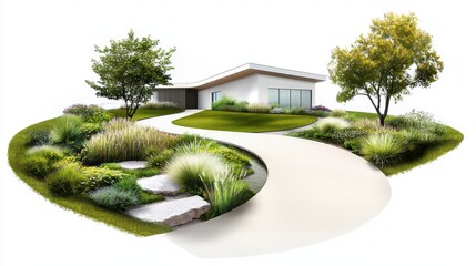 Naklejka premium A sustainable landscape architecture plan incorporating rainwater gardens, permeable walkways, and native plantings for an eco-friendly design.