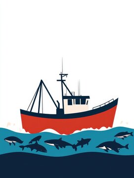 recommend clip art: A red and blue fishing trawler sails through the ocean with a variety of marine life swimming beneath it, representing the impact of human activity on the ecosystem.