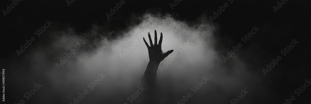 Wall mural A shadowy hand with sharp claws reaches out from a dense fog, symbolizing mystery, danger, the unknown, fear, and the supernatural.