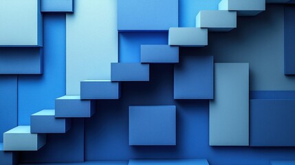 Abstract arrangement of blue geometric shapes creates a stair-like illusion in a modern art display