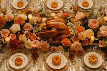 Elegant Thanksgiving table setting featuring grilled turkey, festive decor, side dishes, drinks, and detailed textures with soft, cozy lighting for a welcoming feel