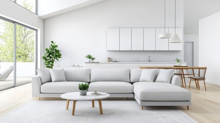 Chic sectional sofa in a bright, open-plan living room, perfect for entertaining in a contemporary home.